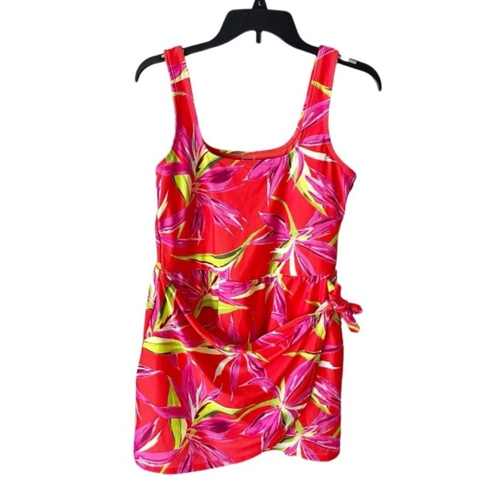 Old Navy Tropical Hibiscus Floral Faux Wrap One Piece Swim Dress Swimsuit Large